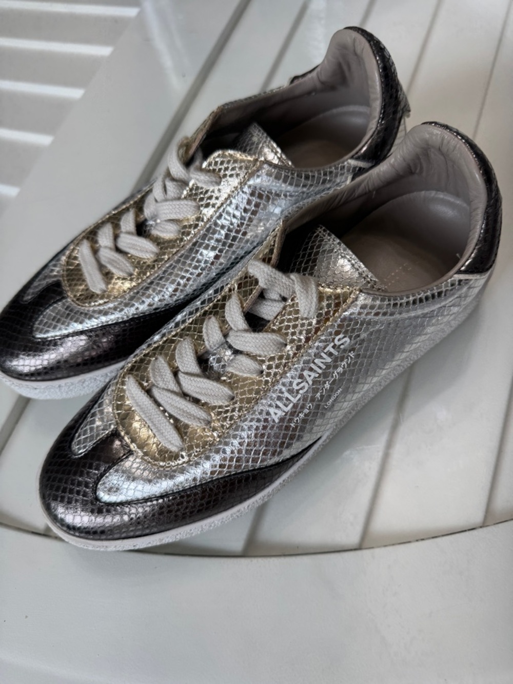 AllSaints Metallic Silver and Gold Snake-Print Lace-Up Sneakers